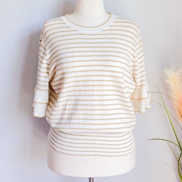 Ann Taylor New Coastal Striped Linen Blend Ruffle Sleeve Knit Top Size Large - Picture 2 of 13